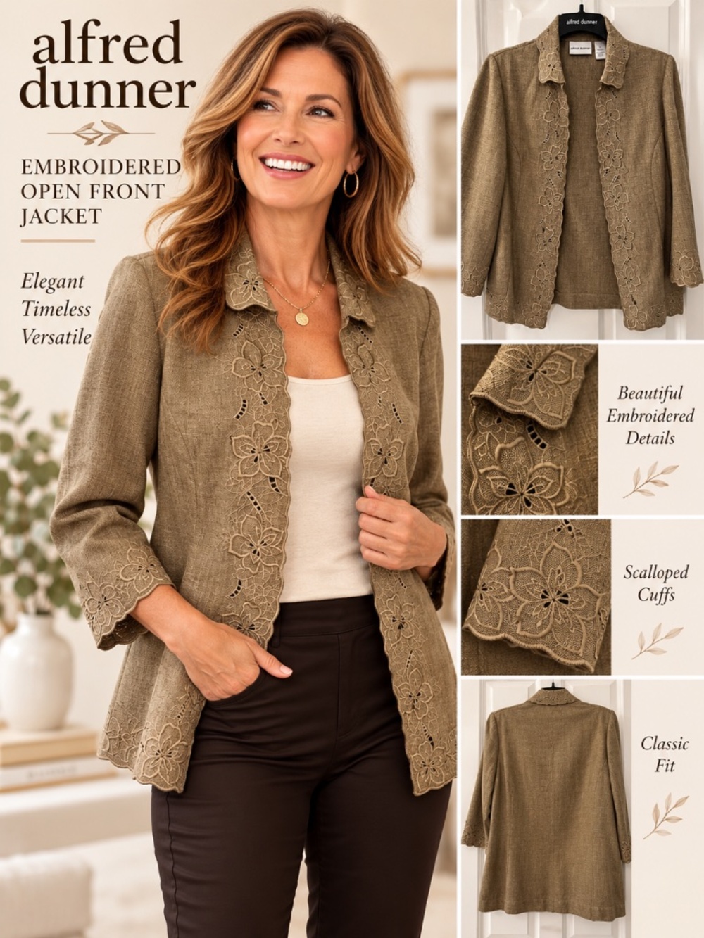 Alfred Dunner Embroidered Open Front Jacket Size 14 – Elegant Floral Cutwork